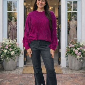 JODIFL Purple Crew Neck Tassle Sweater